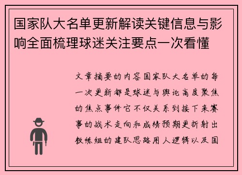国家队大名单更新解读关键信息与影响全面梳理球迷关注要点一次看懂 国家队大名单更新解读关键信息与影响全面梳理球迷关注要点一次看懂