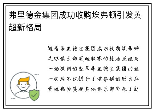 弗里德金集团成功收购埃弗顿引发英超新格局 弗里德金集团成功收购埃弗顿引发英超新格局