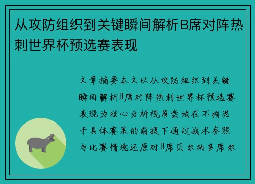 从攻防组织到关键瞬间解析B席对阵热刺世界杯预选赛表现